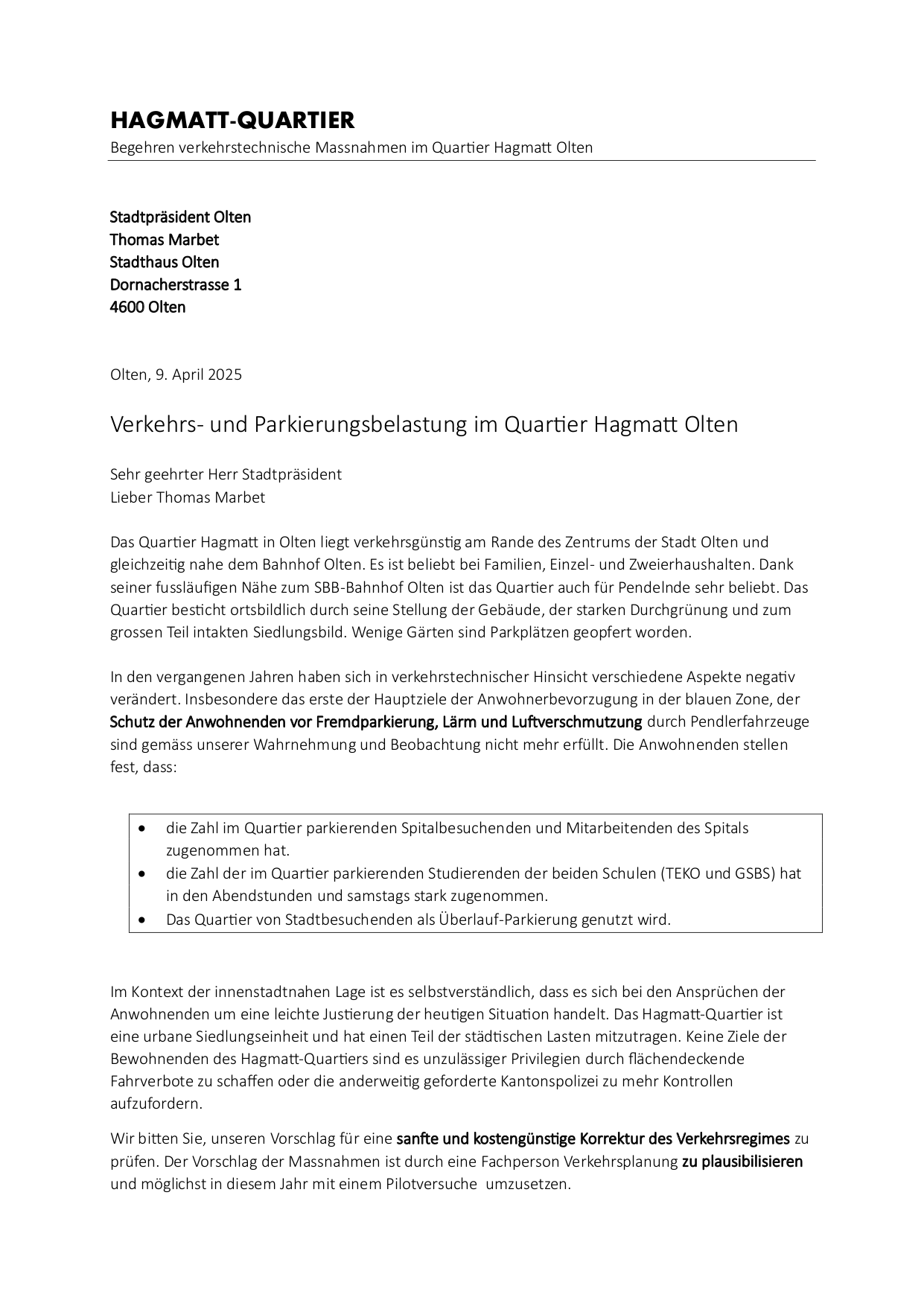 Schreiben an Stadtpräsident